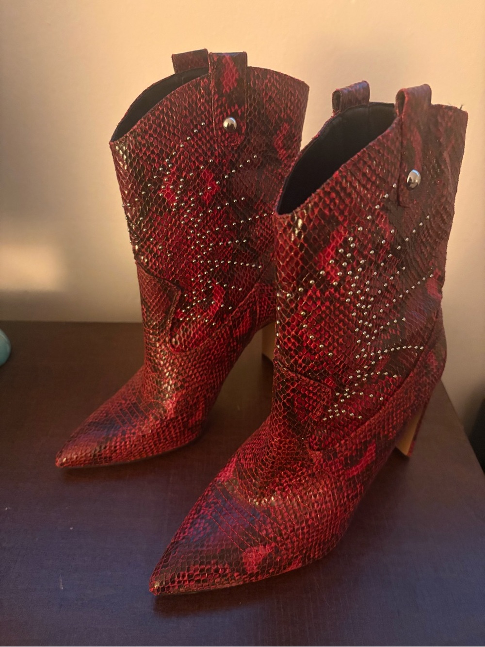 Jessica Simpson Red Snake-Embossed Studded Western Booties